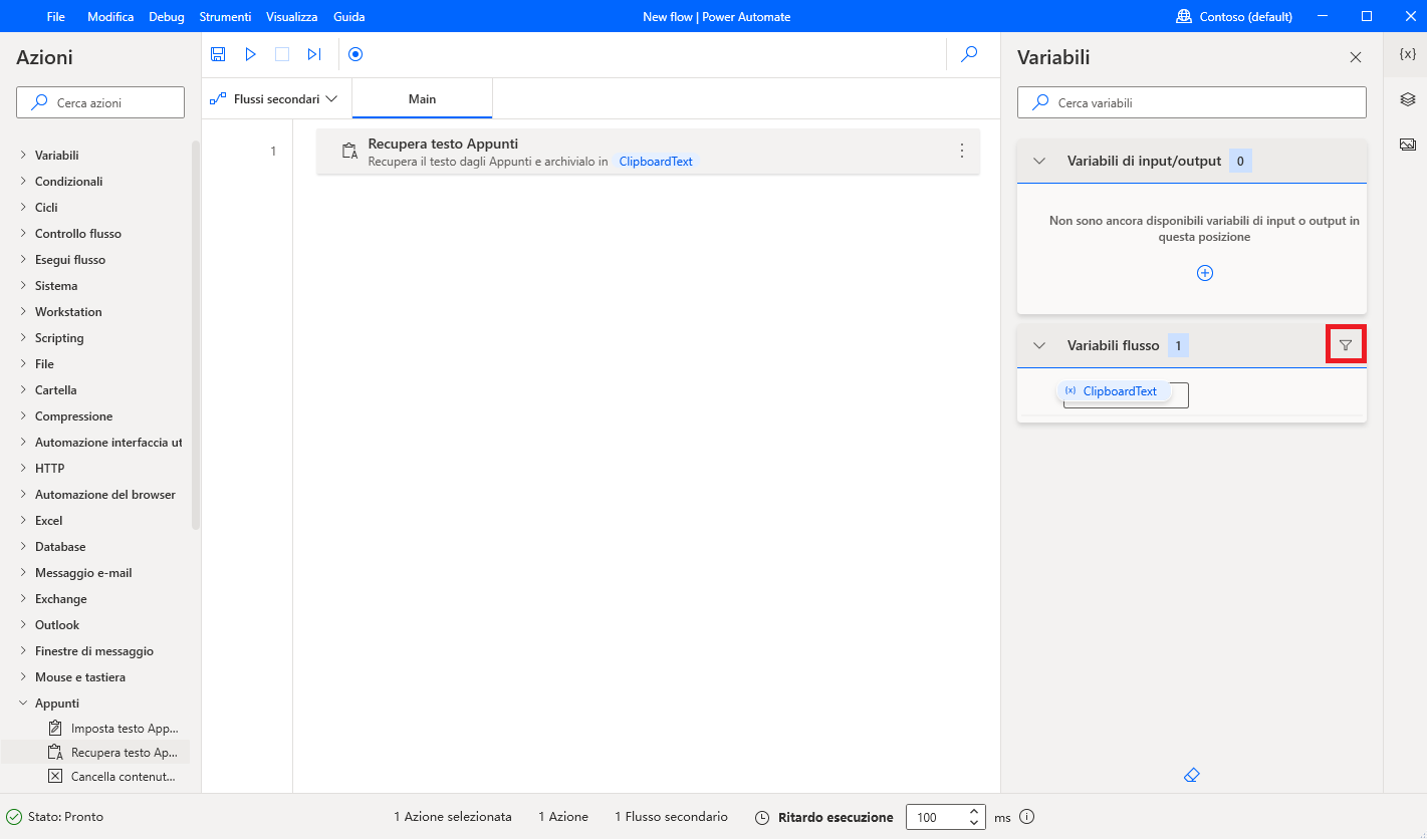 Screenshot del pulsante Filtro nel riquadro Variabili.