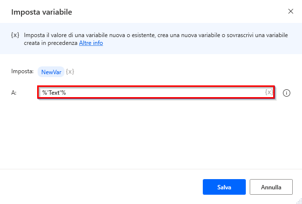 Screenshot di una variabile di testo hardcoded come parametro di azione.