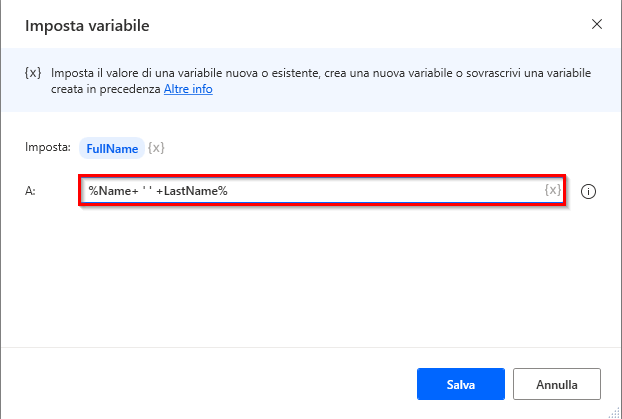 Screenshot di un'espressione con il nome di due variabili.