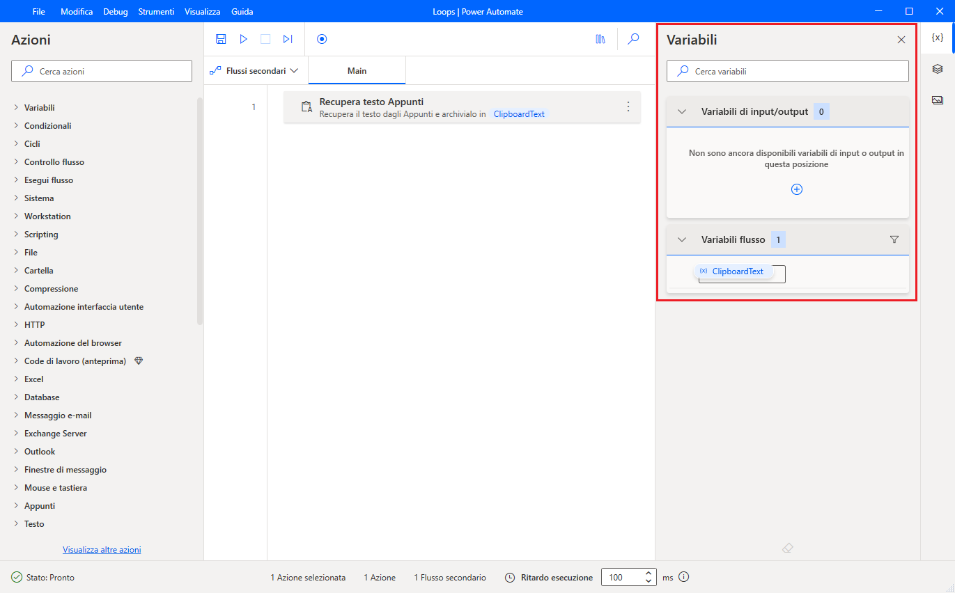 Screenshot del riquadro Variabili di Power Automate per desktop.