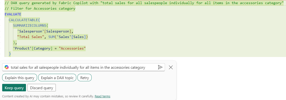 Screenshot di una query DAX per calcolare la richiesta precedente.
