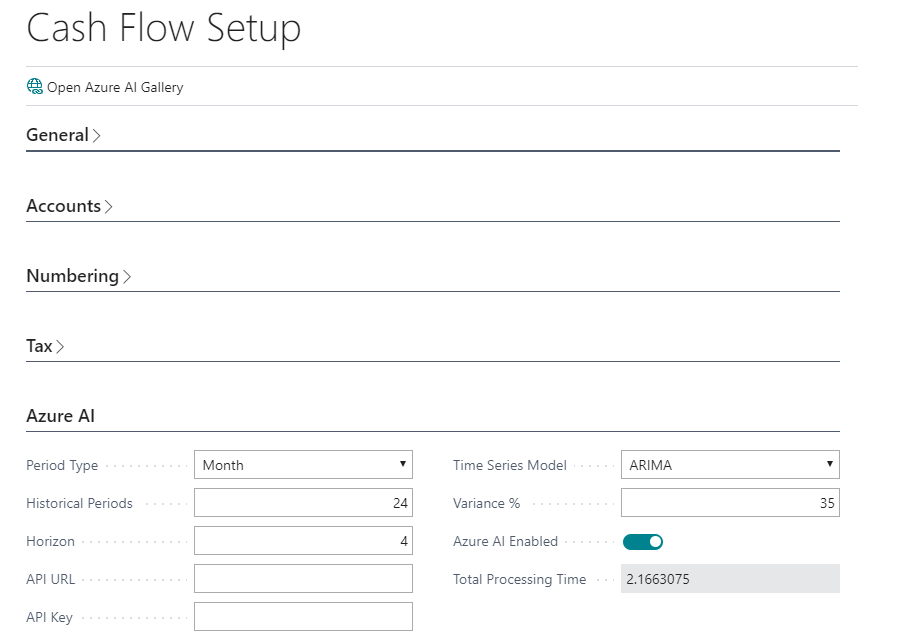 Screenshot dell'opzione Abilitato da Azure AI di Setup flusso di cassa.