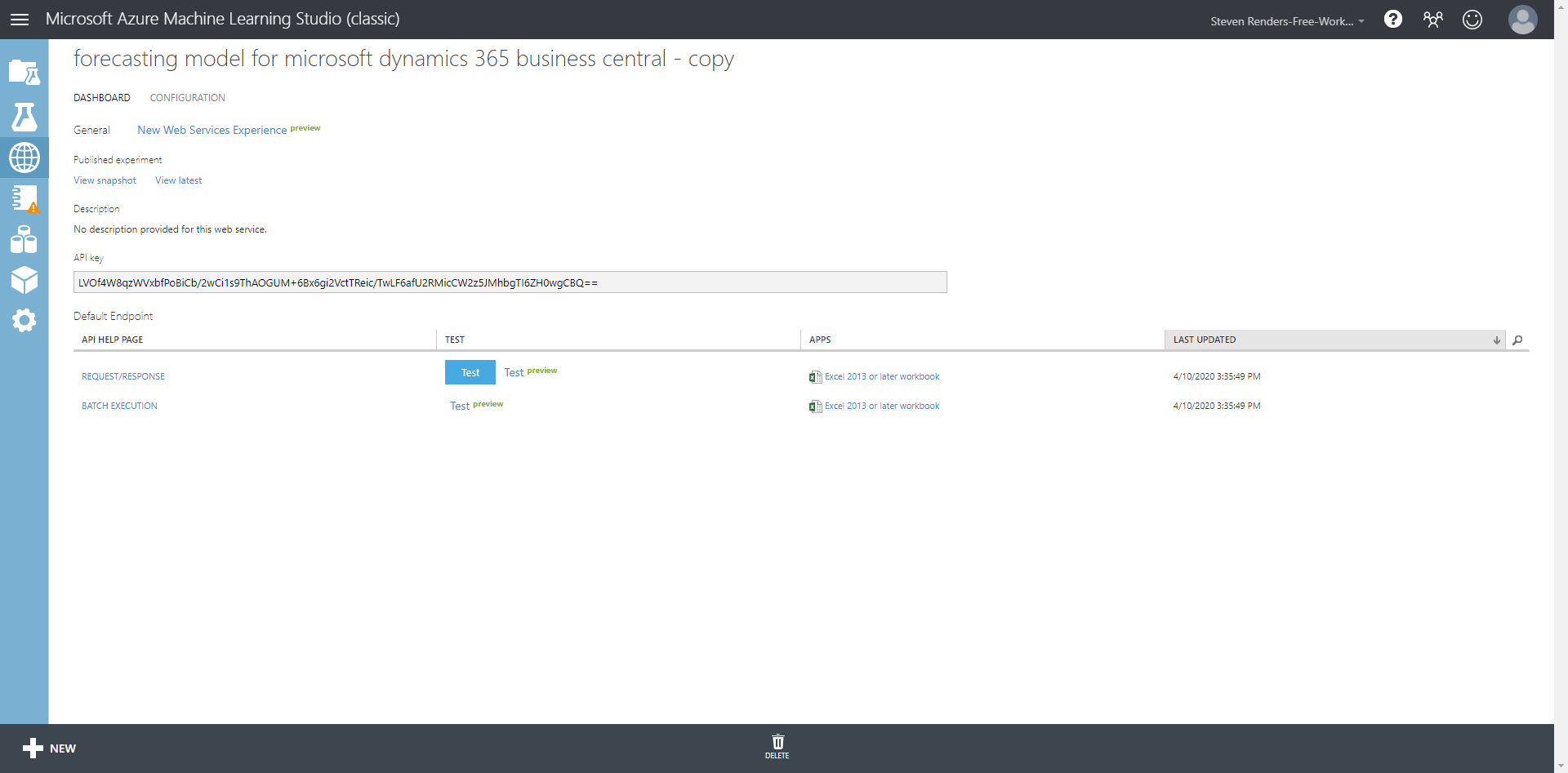 Screenshot del servizio Web del modello con il pulsante Distribuisci servizio Web.