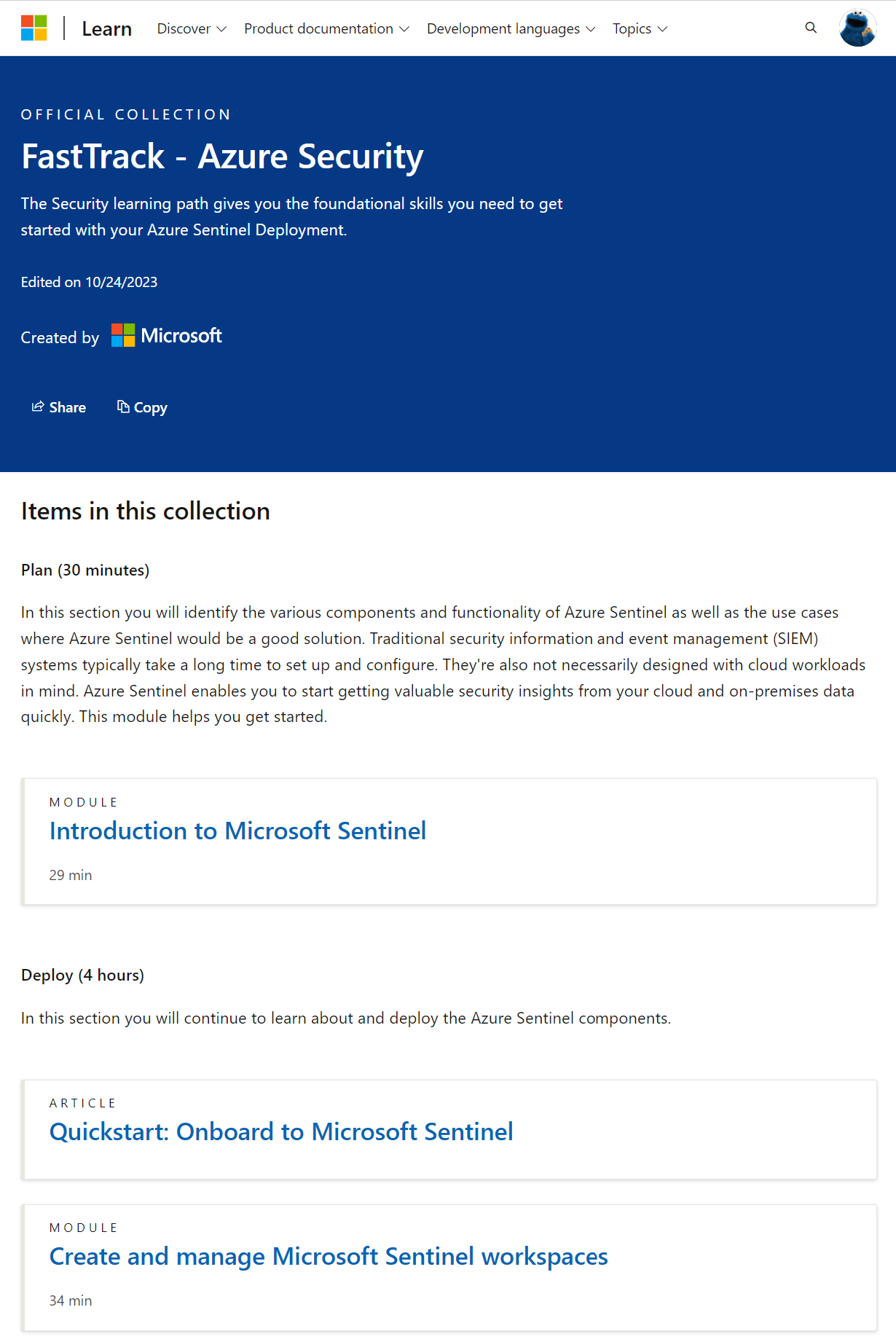 Screenshot della raccolta ufficiale FastTrack - Azure Security di Microsoft