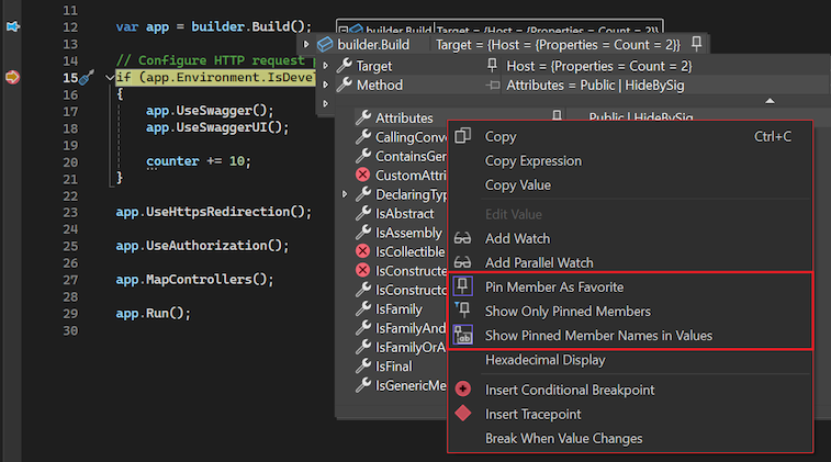 Screenshot del menu di scelta rapida per i membri in un suggerimento dati, che include le opzioni 