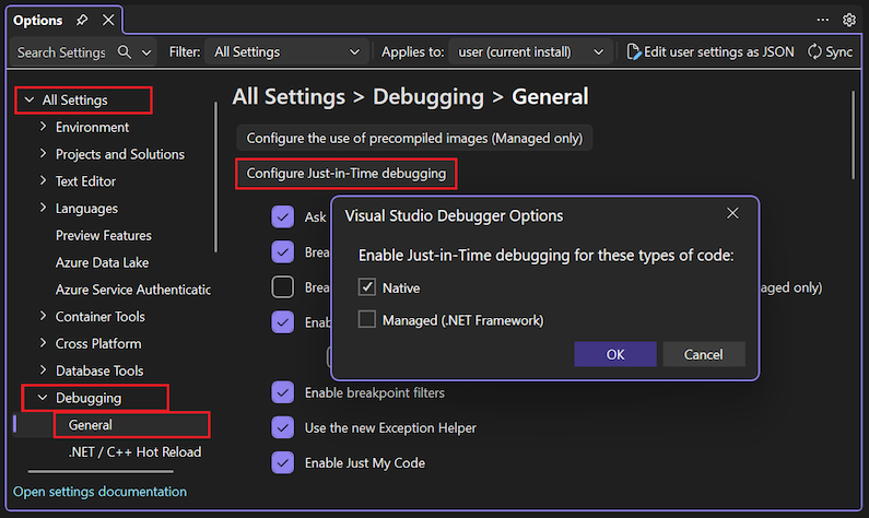 Schermata che mostra come configurare il debugging Just-In-Time in Visual Studio.