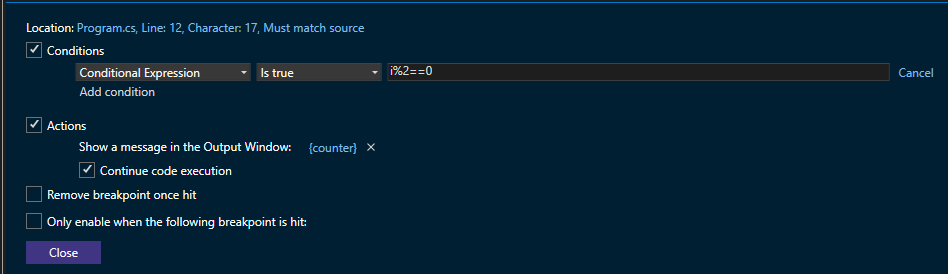 Screenshot che mostra l'espressione condizionale è True.