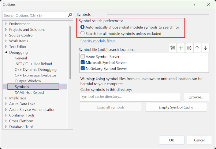Screenshot che mostra come selezionare e configurare l'opzione Preferenze di ricerca simboli.