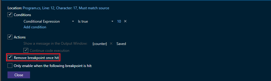 Screenshot che mostra Rimuovi punto di interruzione al primo hit.