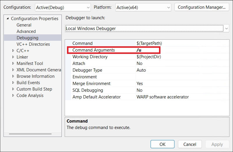 Screenshot della pagina Debug nelle proprietà del progetto. La casella di testo argomenti della riga di comando contiene /u.