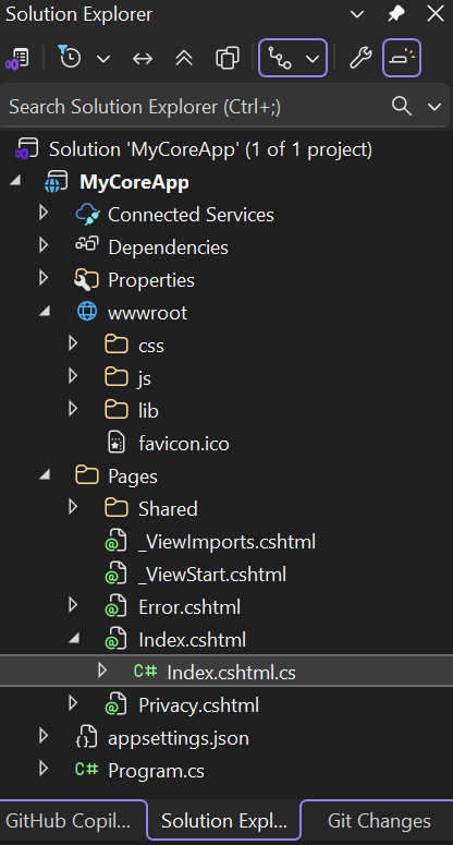 Screenshot mostra la cartella w w w radice selezionata in Esplora soluzioni in Visual Studio.