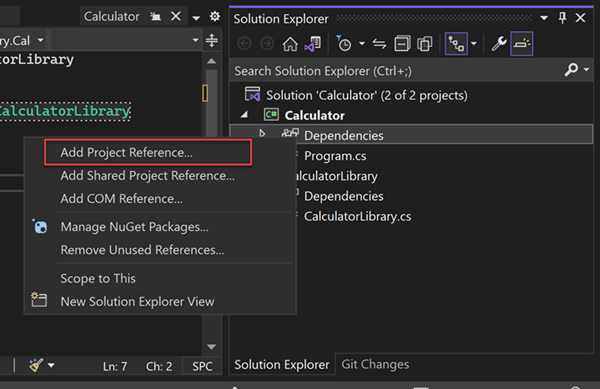 Screenshot della voce di menu Aggiungi riferimento al progetto.