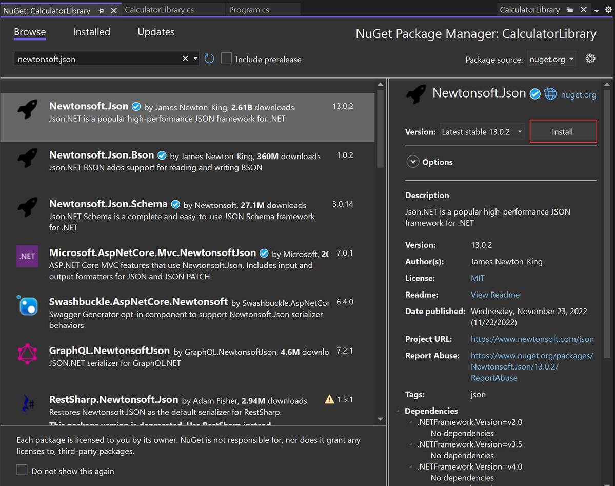 screenshot delle informazioni sul pacchetto NuGet Newtonsoft J SON in Gestione pacchetti NuGet.