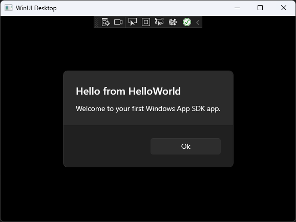 Screenshot che mostra l'applicazione 'Hello World' in esecuzione con un popup denominato 