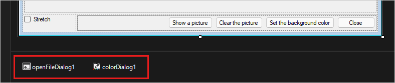 Screenshot mostra i componenti della finestra di dialogo nella parte inferiore della finestra di progettazione.