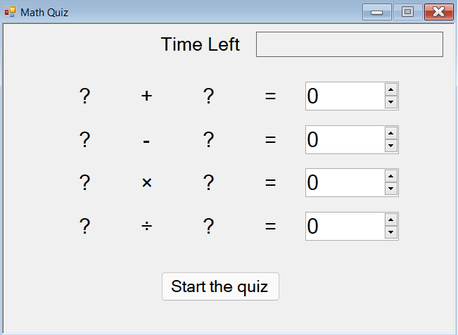 Screenshot che mostra un quiz matematico con quattro righe di problemi e un pulsante start.