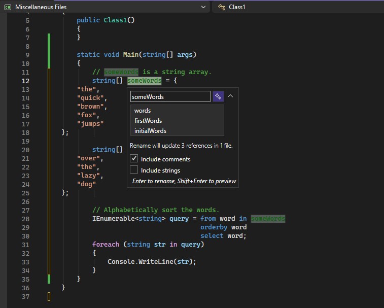 Screenshot della casella popup Rinomina nell'editor di Visual Studio.