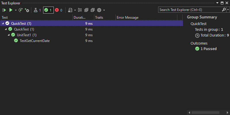 Screenshot che mostra l'Esploratore di test con un test superato.