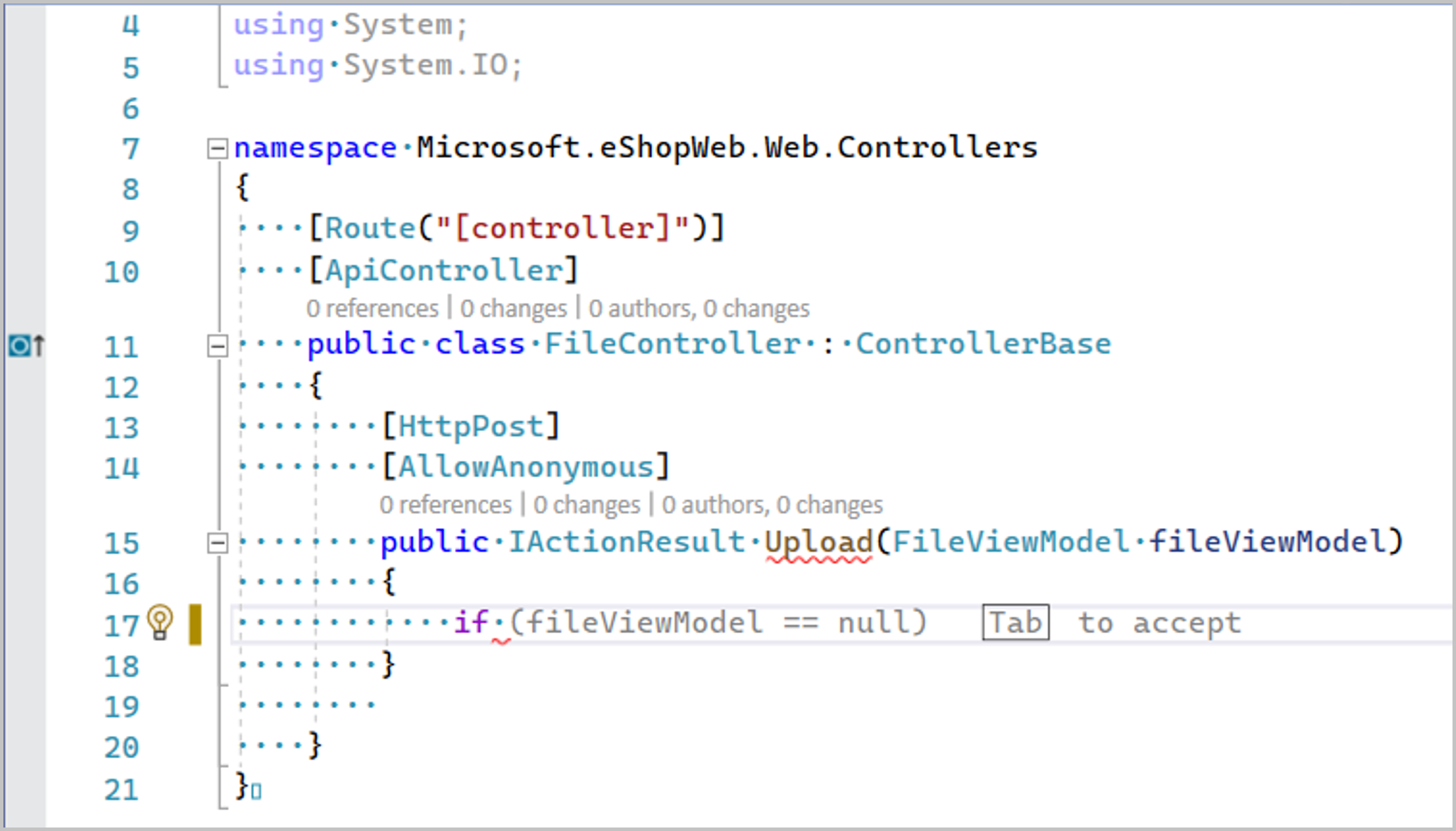 Screenshot dei completamenti automatici interi di linea in C# in Visual Studio.