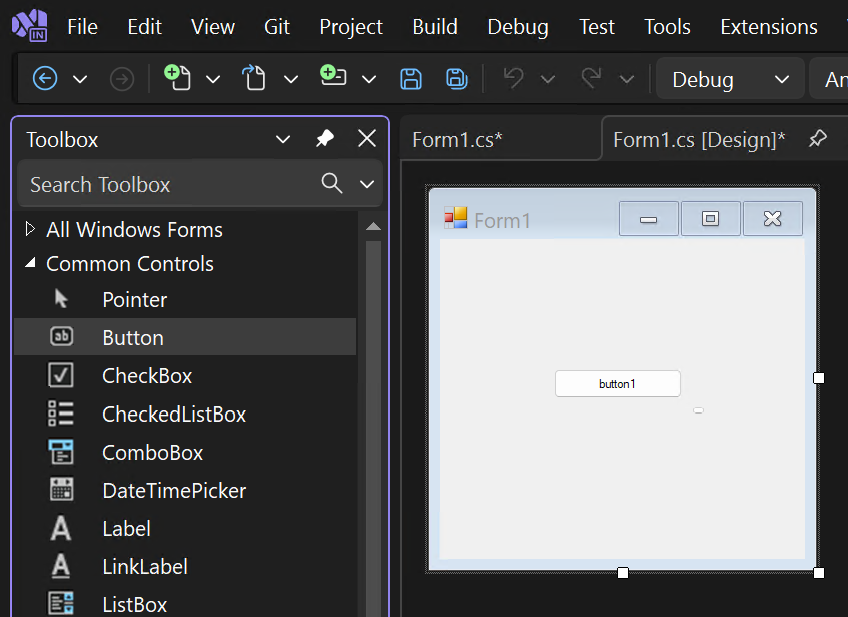 Screenshot che mostra il modulo con un pulsante appena aggiunto.