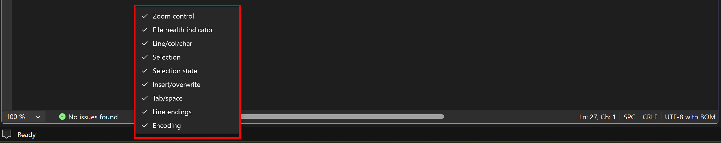 Screenshot del menu contestuale del margine inferiore, che mostra gli elementi di controllo facoltativi.