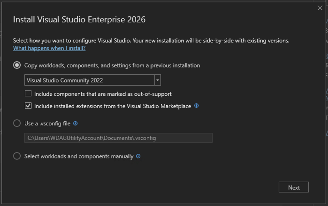 Screenshot che mostra le opzioni nel nuovo programma di installazione.