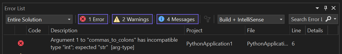 Screenshot che mostra il risultato di esempio della validazione dei suggerimenti di tipo da parte di Mypy.