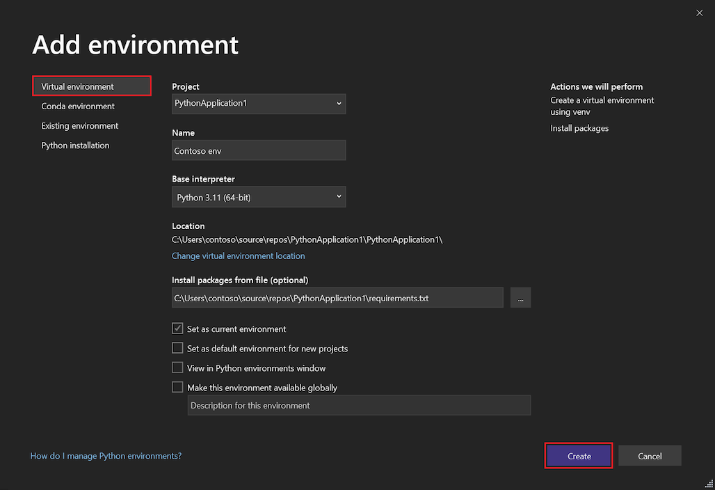Screenshot of the Virtual environment tab of the Add Environment dialog box in Visual Studio.