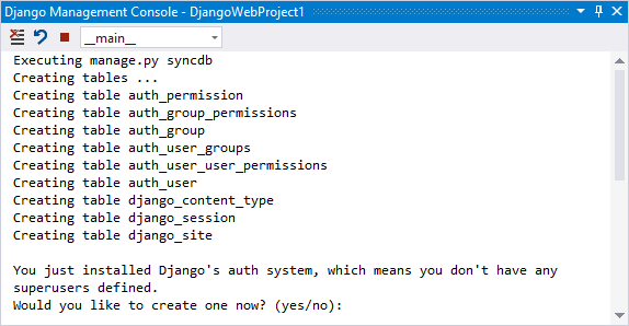 Screenshot che mostra il risultato del comando Db di sincronizzazione Django in Visual Studio.