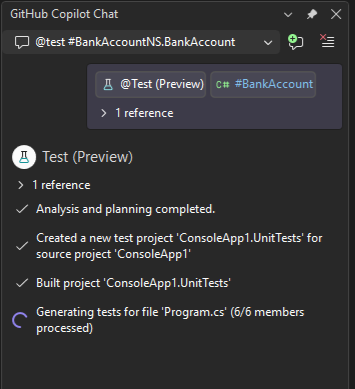 Screenshot di Copilot che avvia la generazione di test.