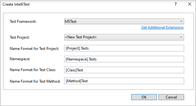 Screenshot di Create IntelliTest with MSTest default (Crea IntelliTest con l'impostazione predefinita MSTest).