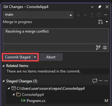 Screenshot che mostra come creare un commit di merge usando la finestra Modifiche Git.