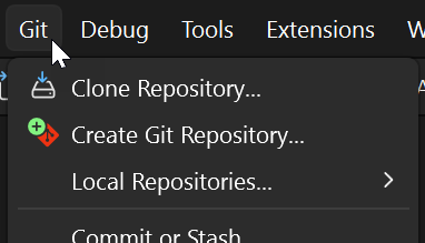 Screenshot che mostra l'opzione Clona repository nel menu Git in Visual Studio.