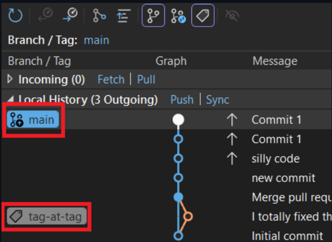 Screenshot che mostra le etichette degli indicatori per rami e tag nella visualizzazione cronologia.
