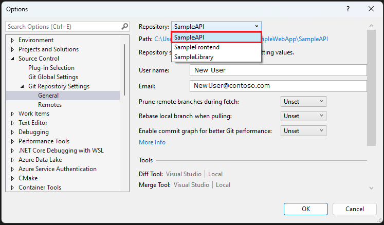 Screenshot dell'opzione Impostazioni repository Git in Visual Studio.