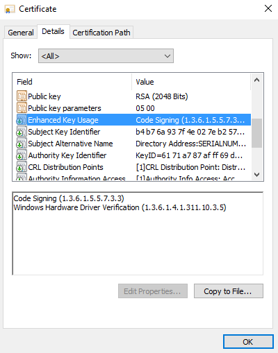 Screenshot del riquadro dei dettagli EKU per driver non firmato per attestazione. L'OID termina con 5.