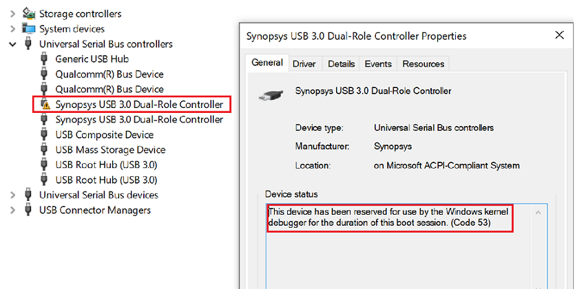 Schermata di Gestione dispositivi che mostra il nodo USB con Synopsys USB 3.0 Dual-Role Controller che indica che il controller è riservato.