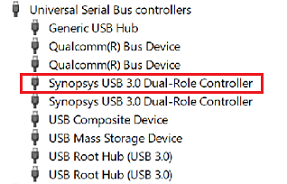 Screenshot di Gestione dispositivi che mostra il nodo USB con evidenziato il Synopsys USB 3.0 Dual-Role Controller.
