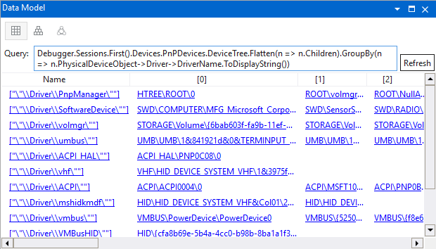 Screenshot della finestra Modello di dati che presenta un albero dei dispositivi plug-and-play nella visualizzazione griglia in WinDbg.