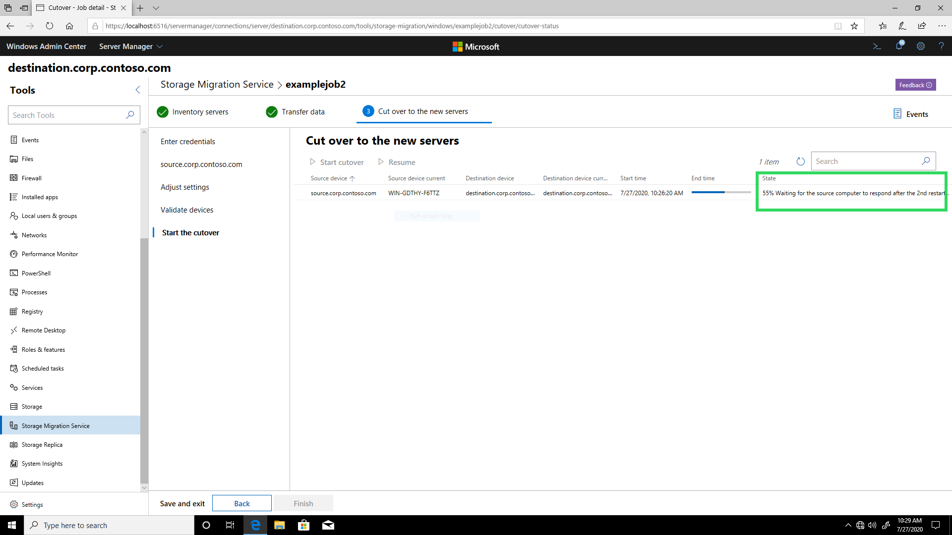 Screenshot della descrizione della fase di cutover