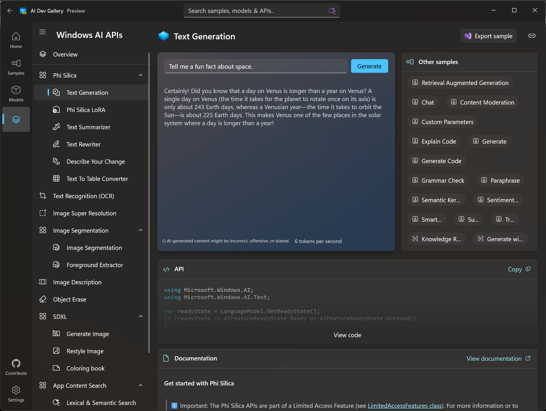Screenshot dell'app di esempio di AI Dev Gallery che mostra un esempio di base della funzionalità Generazione di testo.