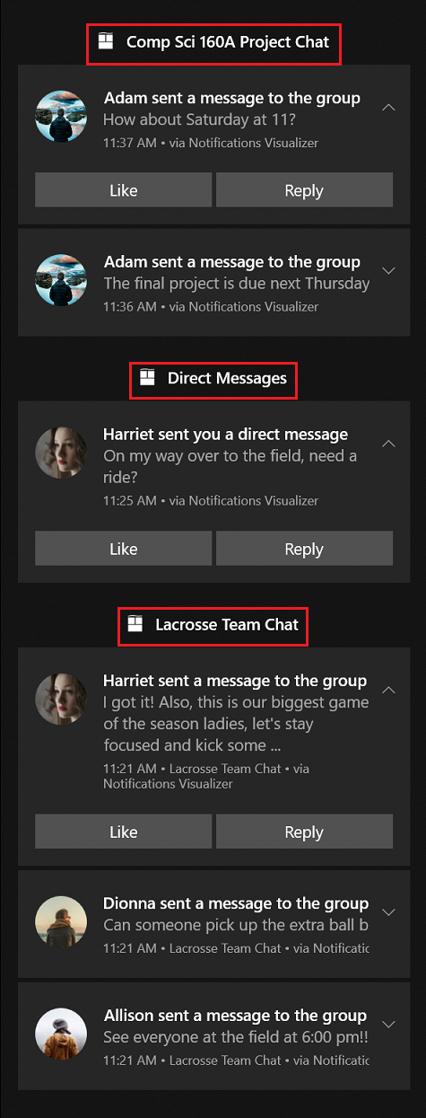 Esempio di raccolta con due diversi gruppi di notifiche