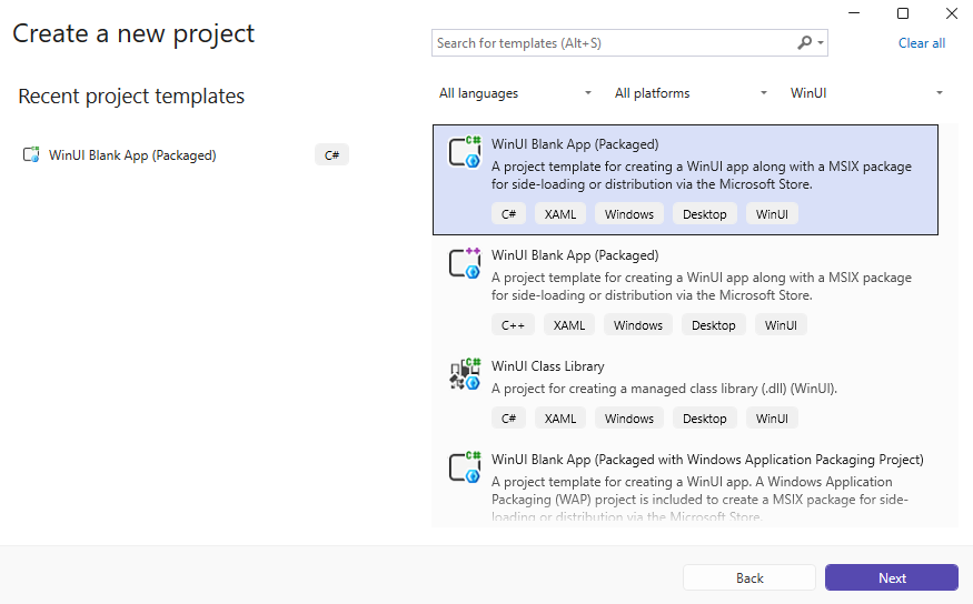 App desktop C# WinUI vuota pacchettizzata