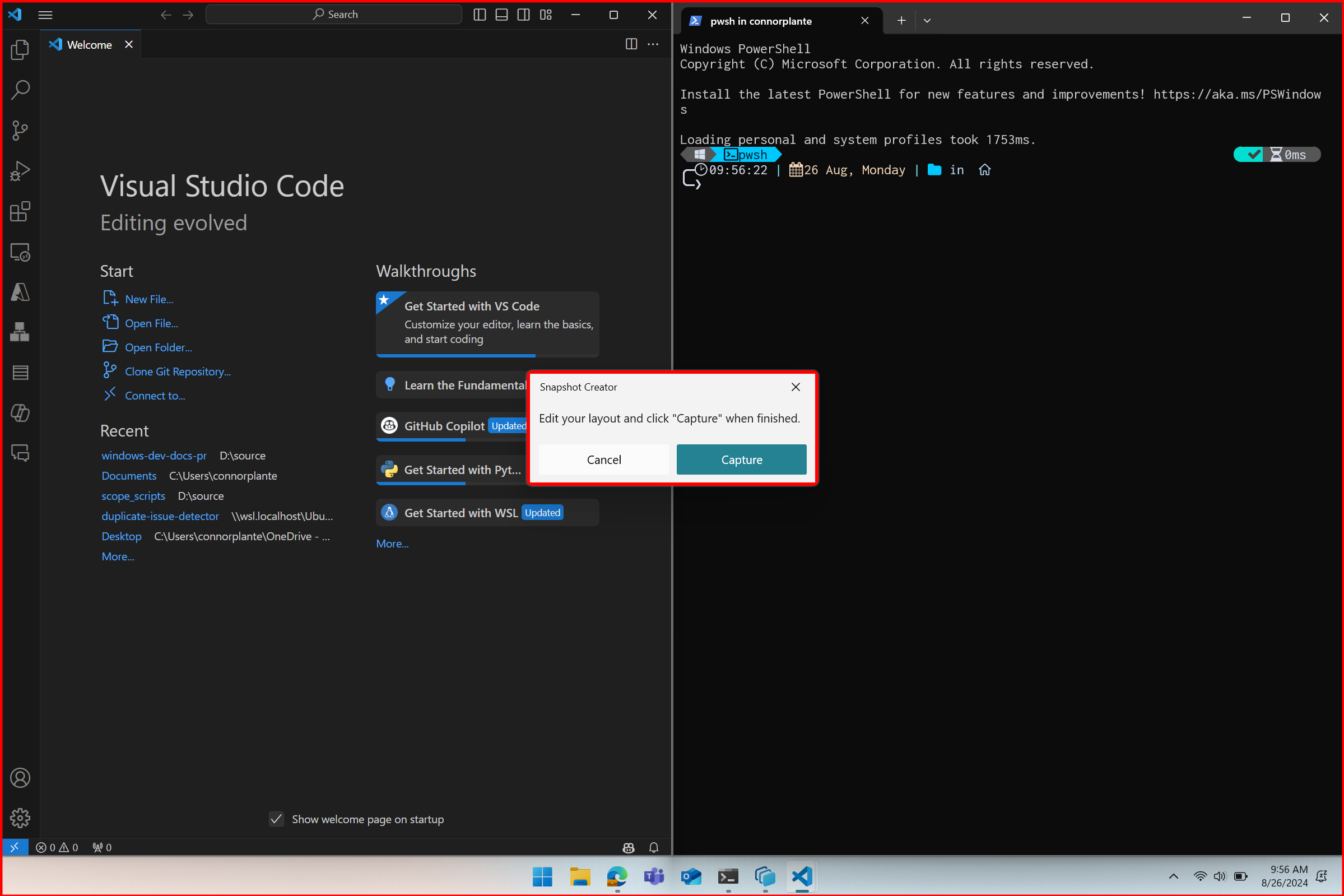 Screenshot dell'esperienza di PowerToys acquisizione delle aree di lavoro che mostra le opzioni di disposizione delle app.