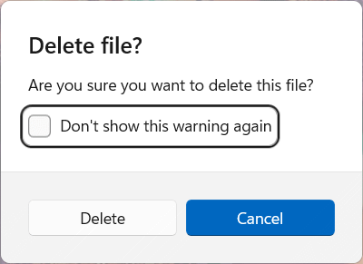 Screenshot della finestra di dialogo di conferma dell'eliminazione dei PowerToysPeek file con l'opzione casella di controllo per ignorare gli avvisi futuri.