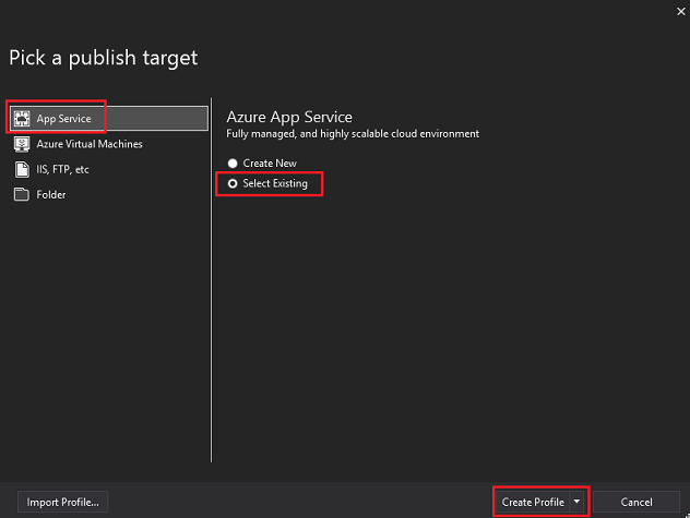 Screenshot che mostra la pagina Seleziona una destinazione di pubblicazione con 