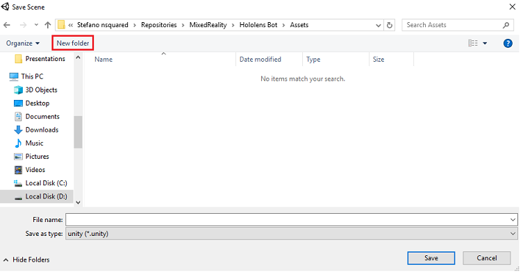 Screenshot che mostra la creazione di una nuova cartella 