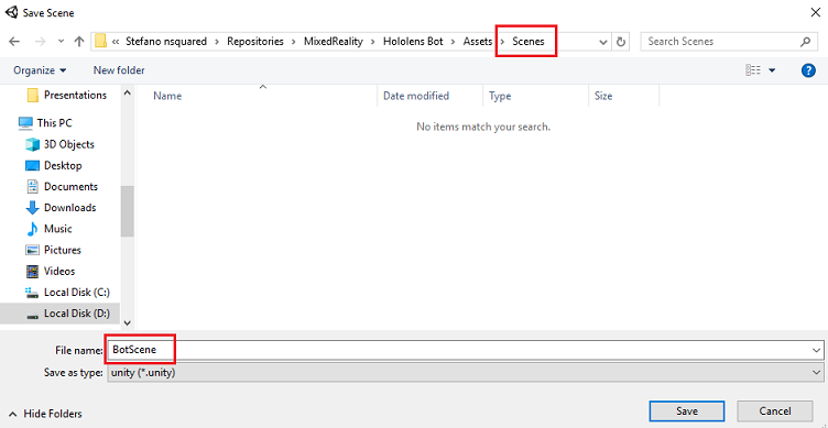 Screenshot della cartella Scenes e del file appena creato salvato.