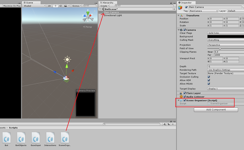 Screenshot che mostra lo script Scene Organiser aggiunto all'oggetto Main Camera nell'editor unity.