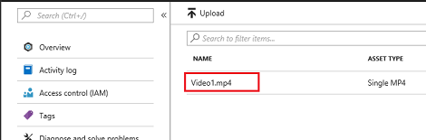 Screenshot della pagina Asset. Video 1 punto M P 4 evidenziato.